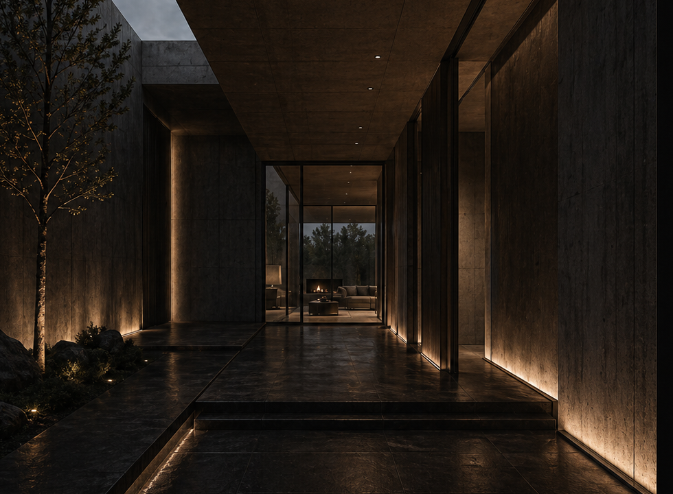 Moody architectural corridor visualization with warm linear lighting