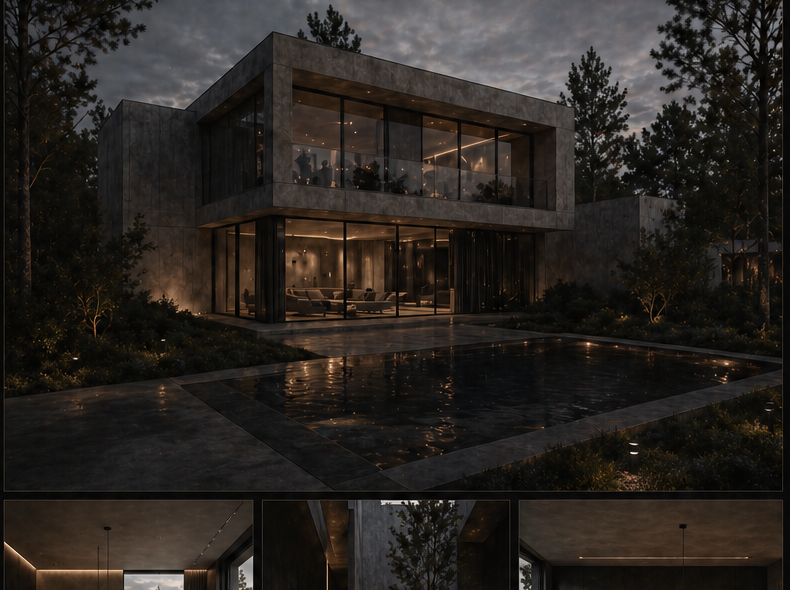 Cinematic exterior architectural visualization with evening lighting