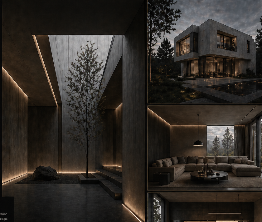 Architectural visualization collage with courtyard, exterior and interior scenes
